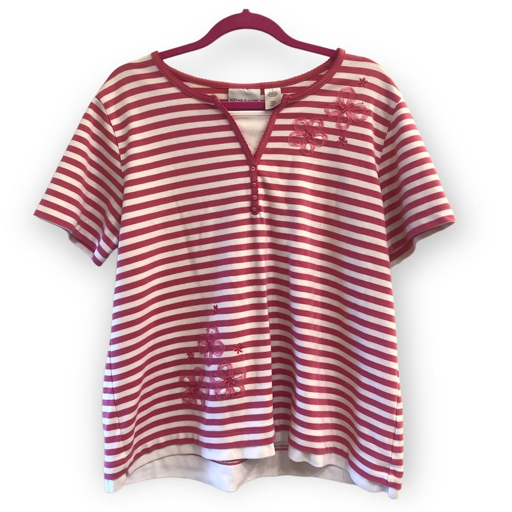 Alfred Dunner Pink and White Striped Shirt Large 60% Cotton 40% Polyester